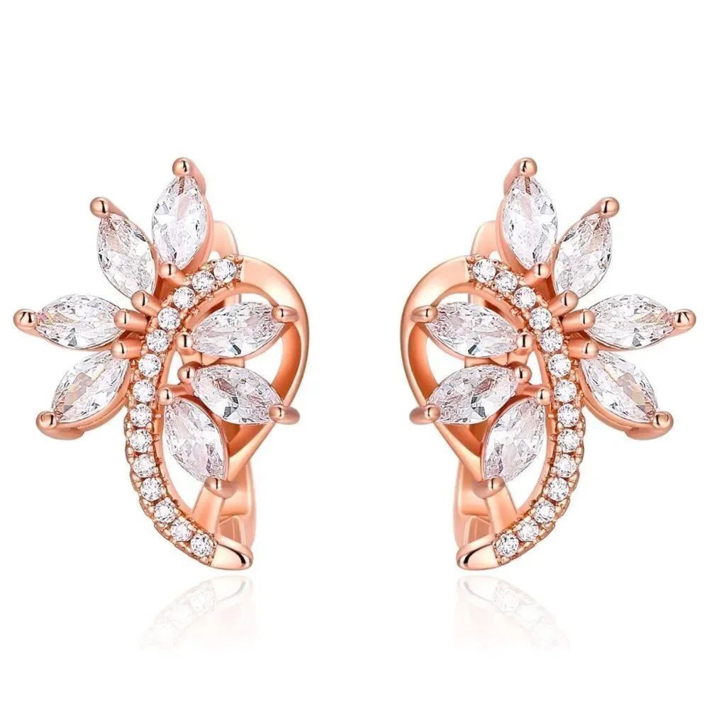 Rose Gold with White Diamond Cubic Zirconia French Clip Post Flower Earrings